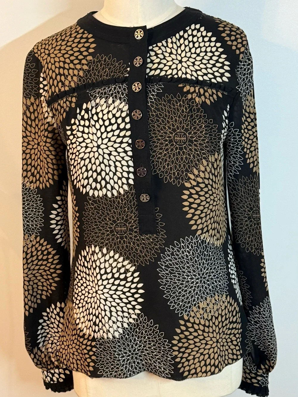 Tory Burch Black Long-Sleeve Henley Top with Taupe & Ivory Floral Medallions